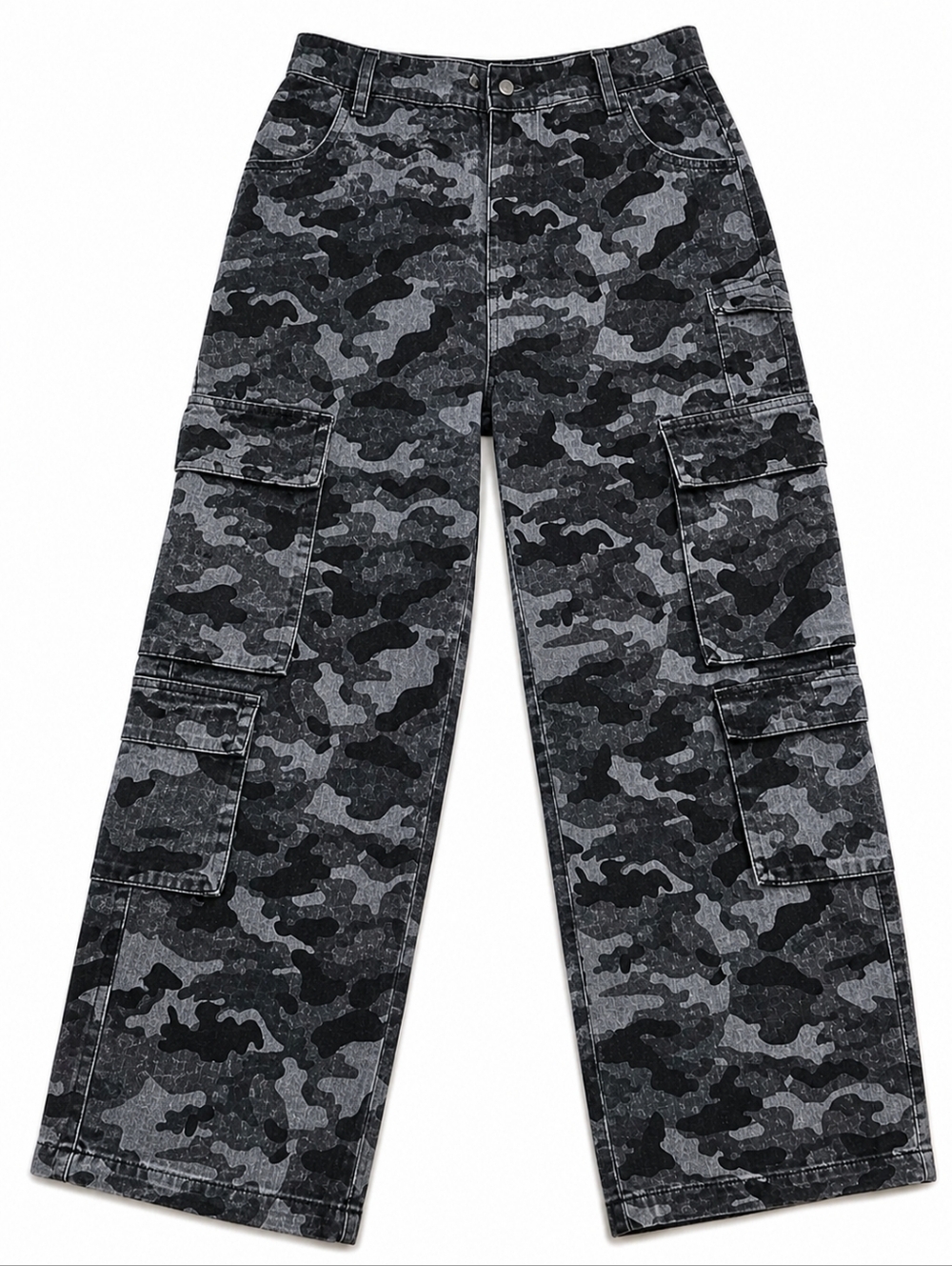 Camo Cargo Pants Women Size L Wide Leg Baggy Streetwear Y2K Utility Gray Black